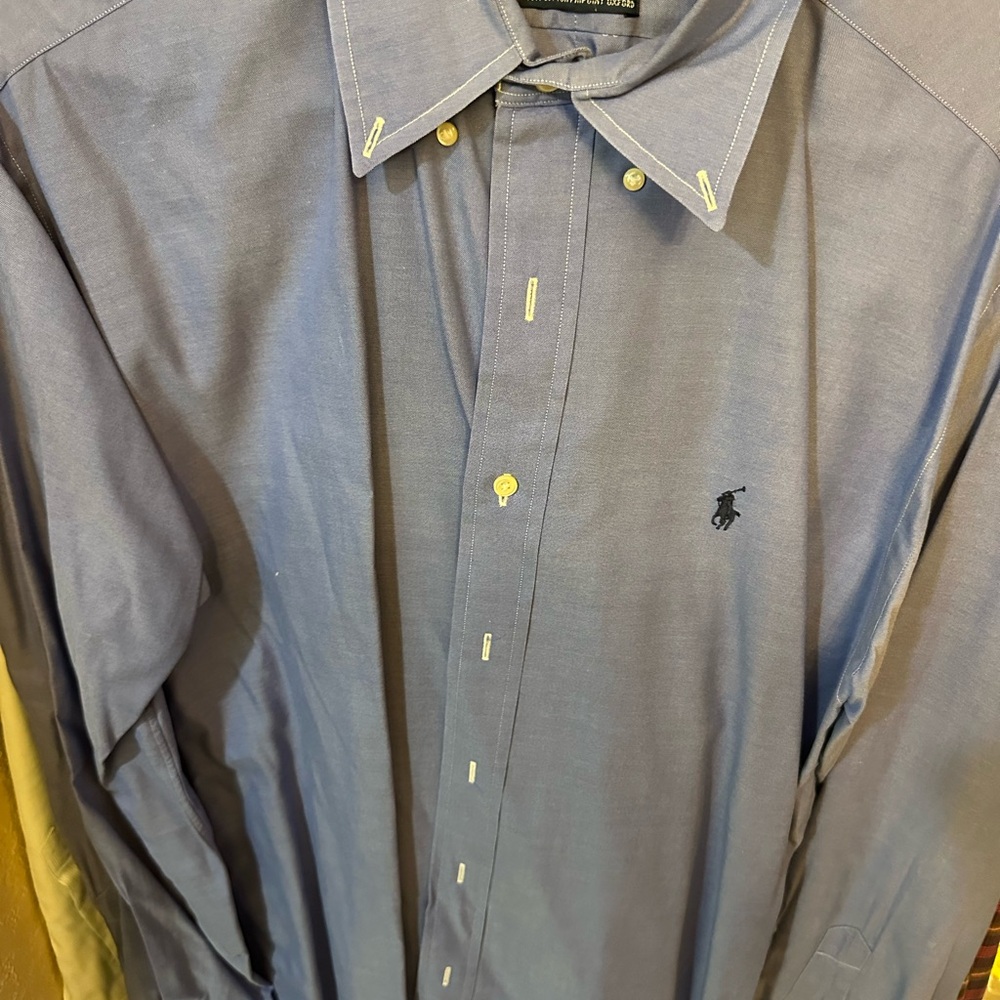 Ralph Lauren Blue Dress Shirt with Pointed Collar and Embroidered Logo
